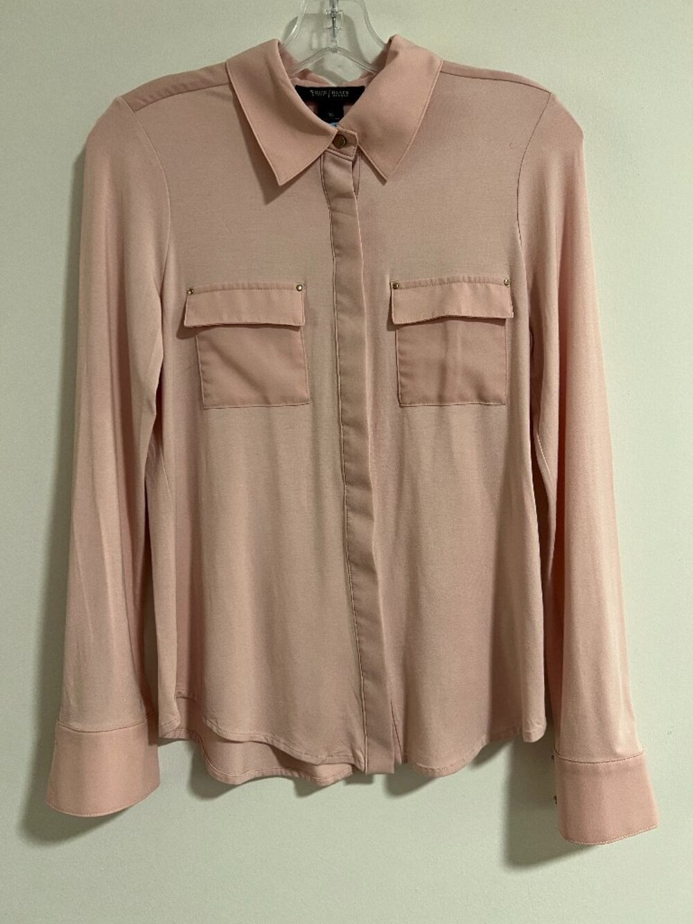 White House Black Market Blush Mixed Media Utility Blouse XS Long Sleeve Pink To